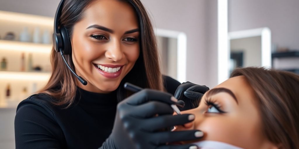 Professional woman answering phone at lash bar.