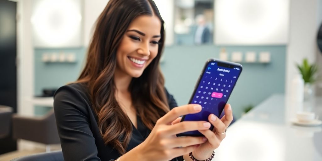 Lash artist checking phone calendar.