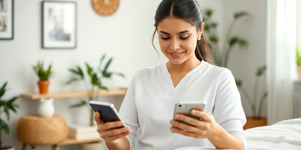 Massage therapist smiling while using a modern phone.
