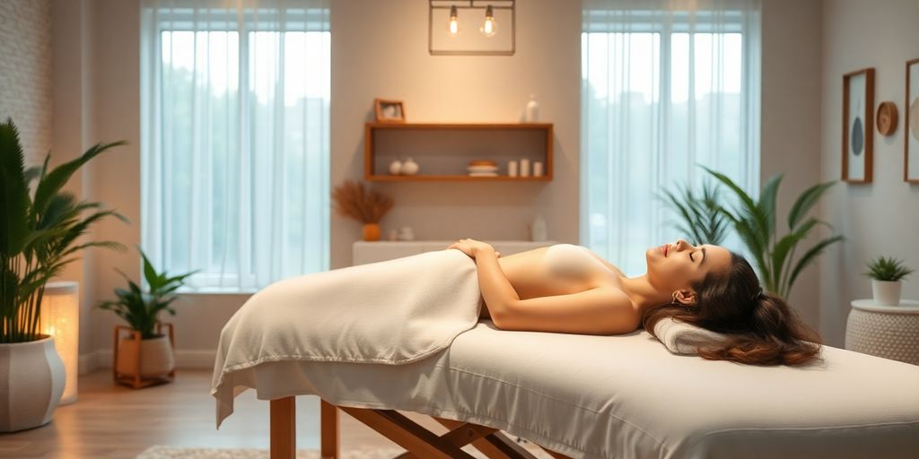 Massage therapist smiling while a phone rings.
