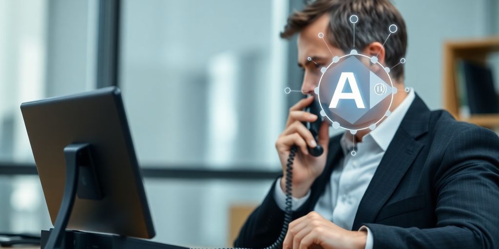 Lawyer talking to client on phone with AI icon.