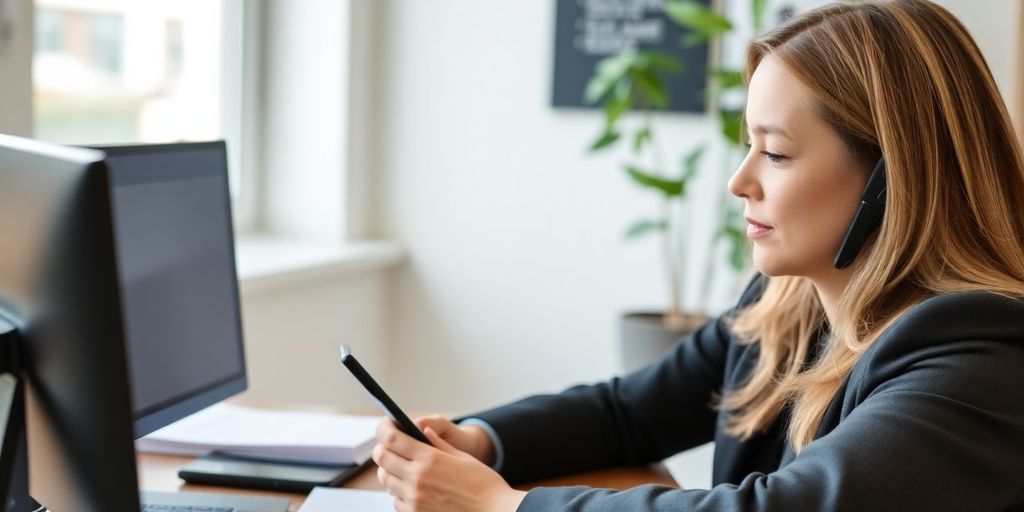 Lawyer using AI answering service on phone.