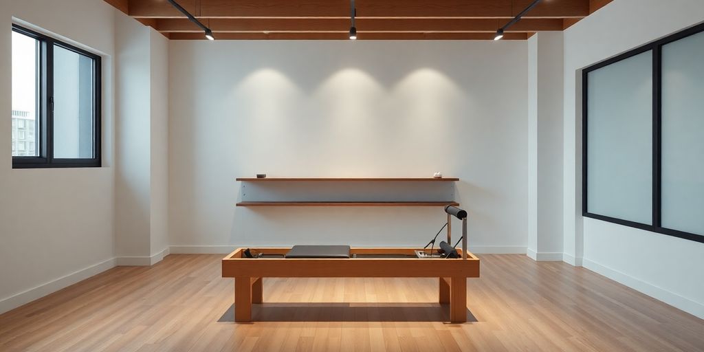 Pilates reformer with a digital interface overlay.