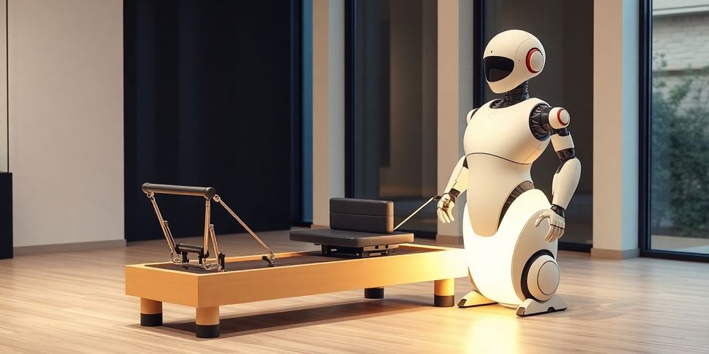 Pilates reformer with a friendly robot assistant nearby.