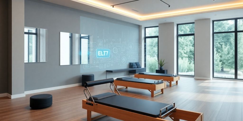 Pilates reformer with a smartphone interface overlay.