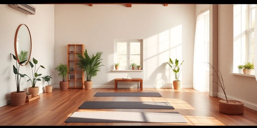 Yoga studio interior with a serene atmosphere.