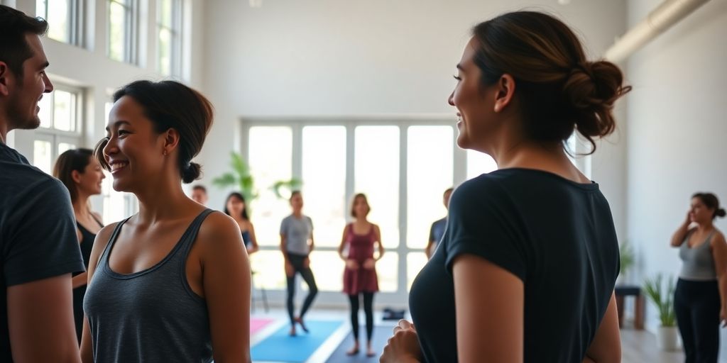 Yoga studio with happy students interacting.
