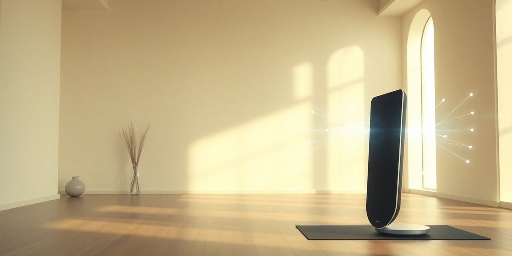 Yoga studio with glowing AI interface.