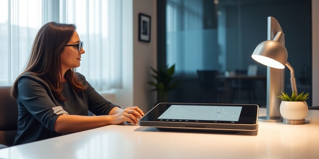 Therapist using AI phone system for practice.