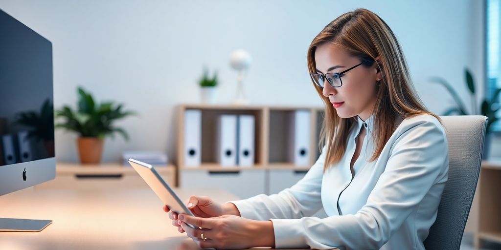 Therapist using AI phone service on modern desk.