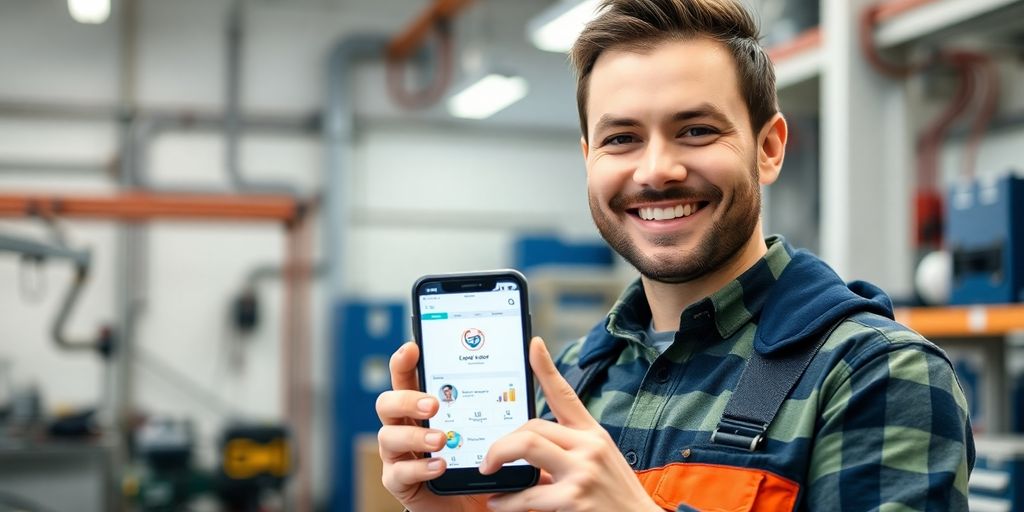 Electrician using a smartphone with AI.