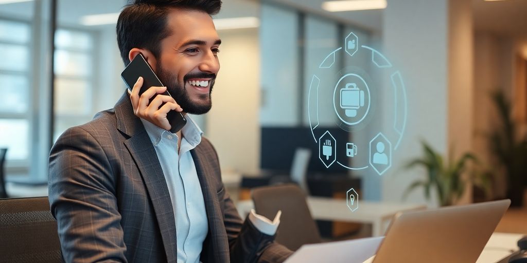 Accountant talking on phone, AI assistant overlay.