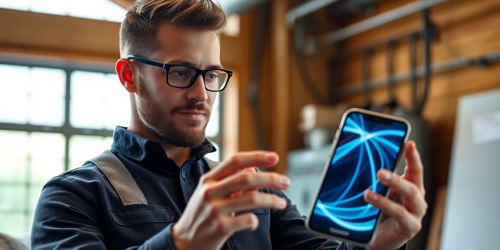 Electrician using AI phone service on smartphone.