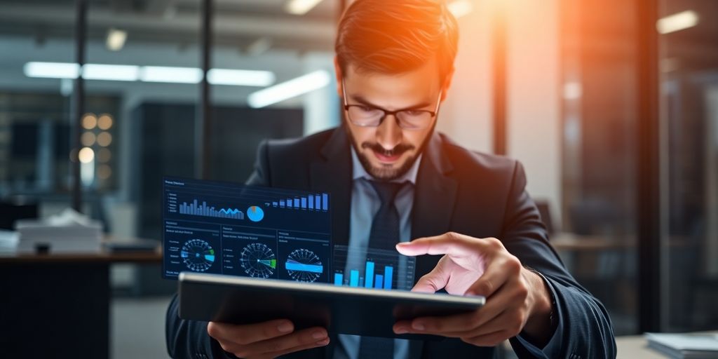 Accountant reviewing analytics on a futuristic tablet.