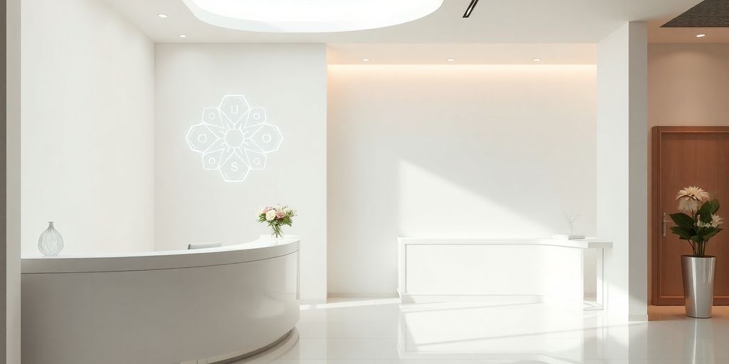 Sleek clinic interior with glowing AI interface.