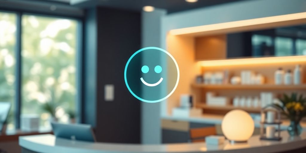 Cosmetic clinic reception with friendly AI phone.
