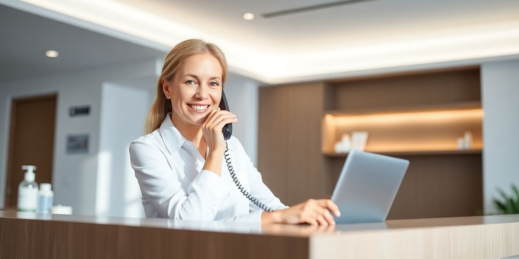 Cosmetic clinic reception with a friendly face answering a phone.