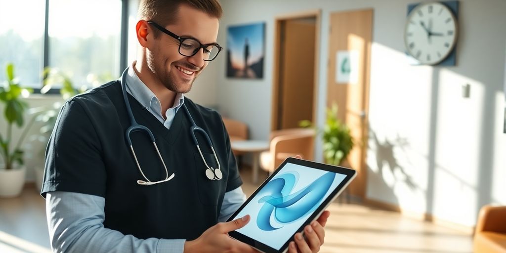Physiotherapist using AI phone answering service on tablet.