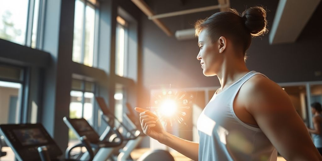 Fitness studio interior with a person using a smart device.