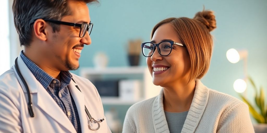 Optometrist smiling with patient, AI phone interface subtle.