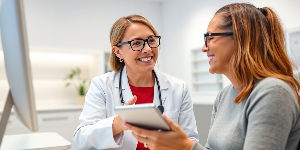 Optometrist smiling with patient in a modern clinic.
