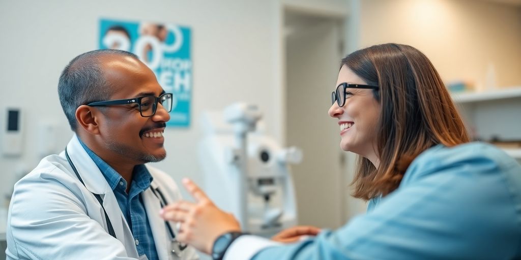 Optometrist smiling with patient.