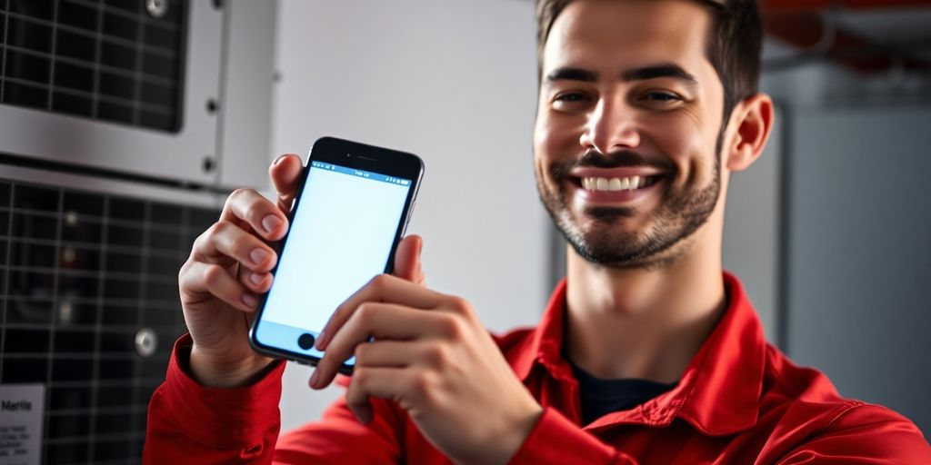 HVAC technician smiling while using a smartphone.