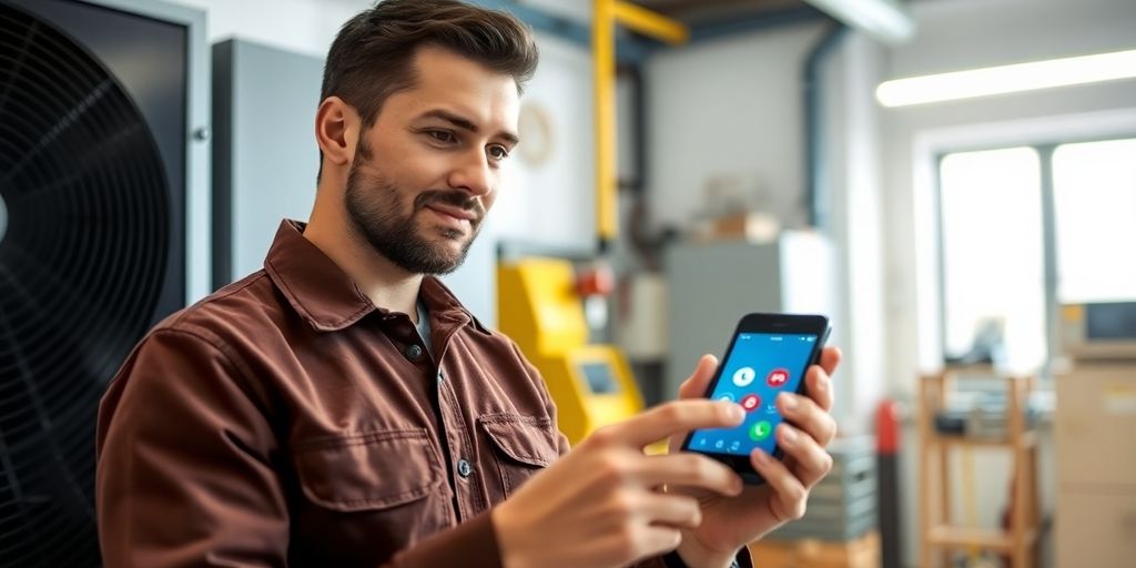 HVAC technician smiling near a smart device.