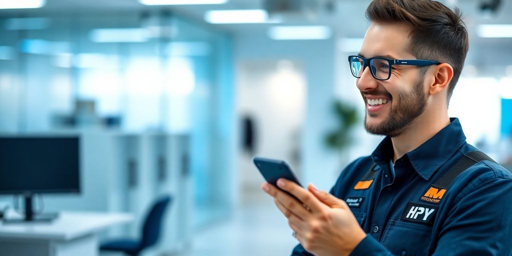 HVAC technician talking on a phone with an AI.