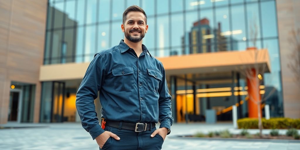HVAC technician smiling next to a modern office building.