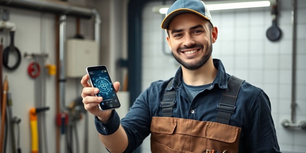 Plumber using phone with AI integration.