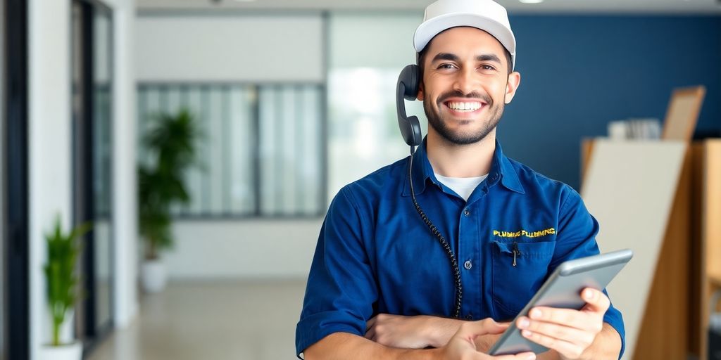 Plumber speaking on phone with happy customer.