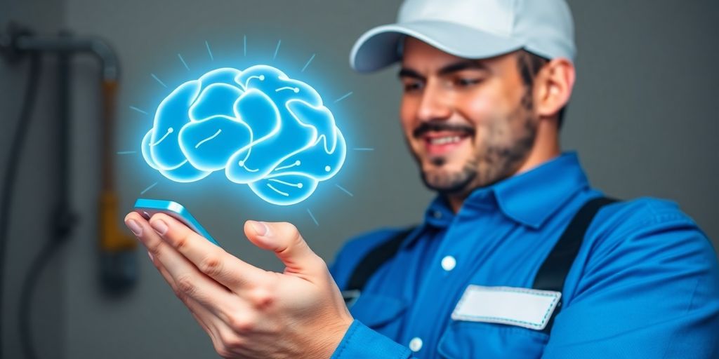 Plumber working with smartphone and AI icon.
