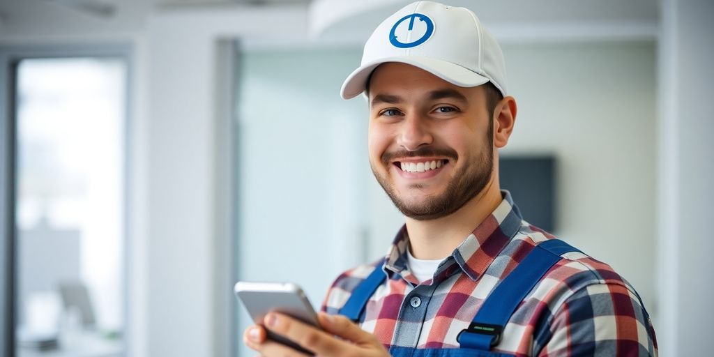 Plumber with smartphone and AI.