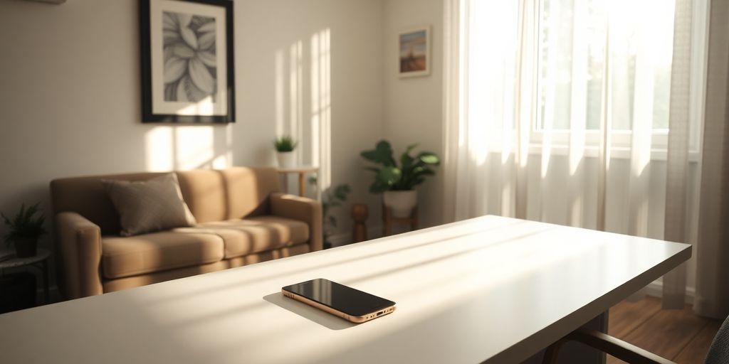 Calm therapy office with a smartphone.