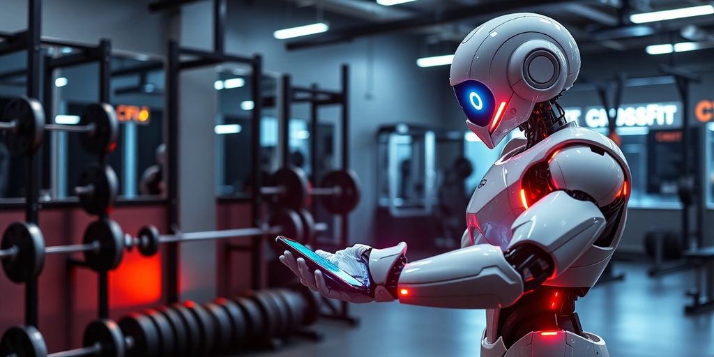 CrossFit gym with AI robot answering phone.