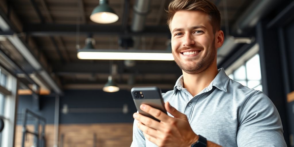 CrossFit gym owner smiling next to a smartphone.