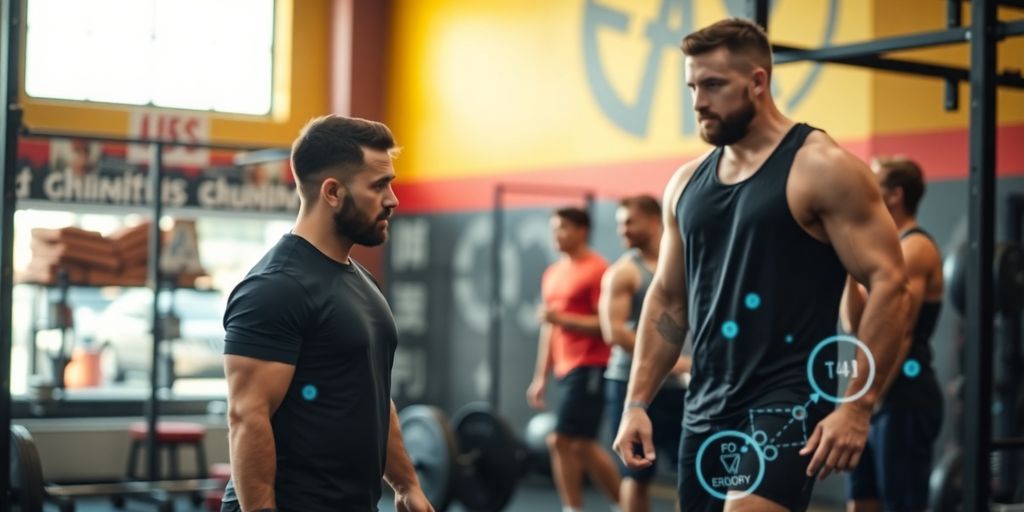 CrossFit gym interior with modern equipment and a stylized AI interface.