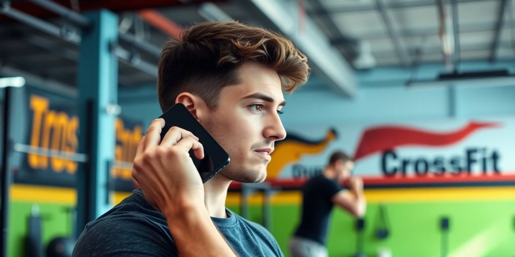 CrossFit athlete using smart device in gym.