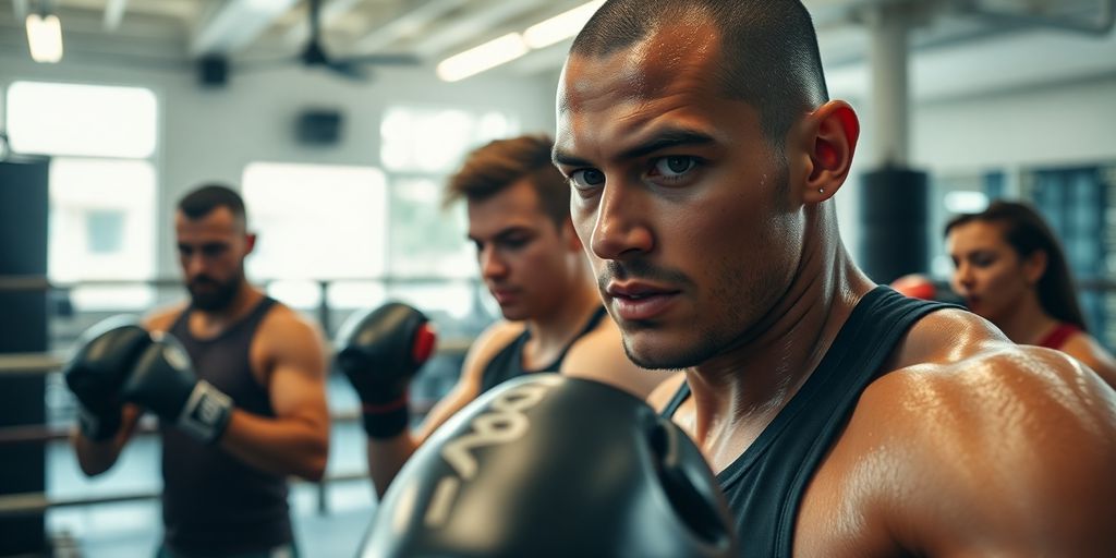 Boxing gym interior with engaged members training vigorously.