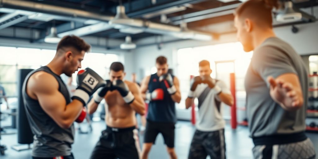 Boxing gym interior with members training.