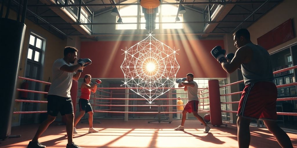 Boxing gym interior with active members and a subtle AI icon.