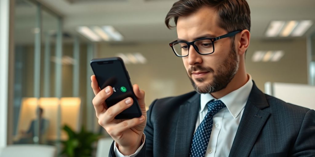 Lawyer using AI phone answering service on phone.