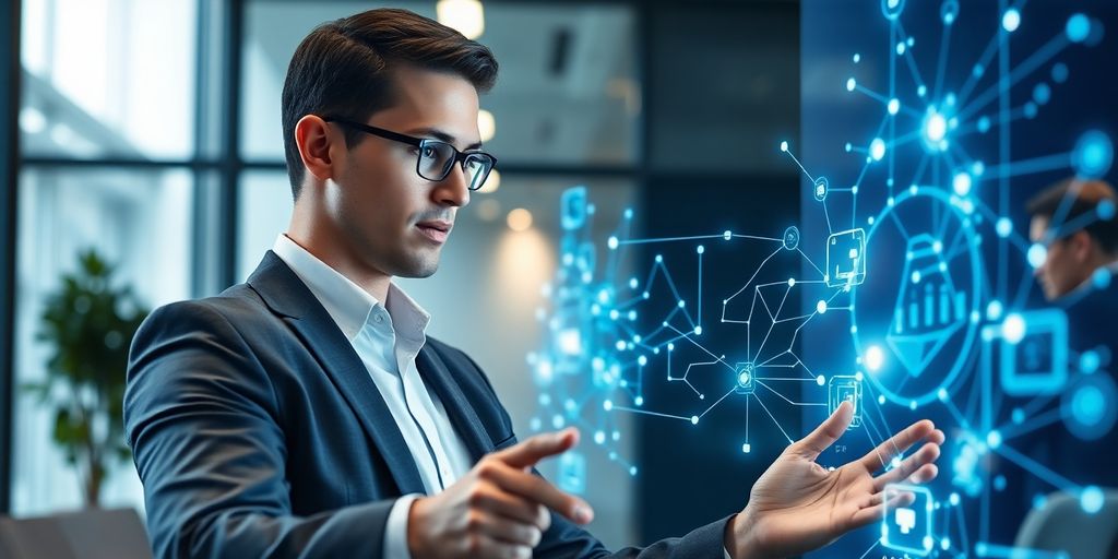 Lawyer using AI phone system with digital interface.