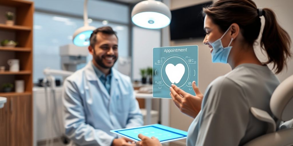 Smiling dentist and patient with futuristic AI interface.