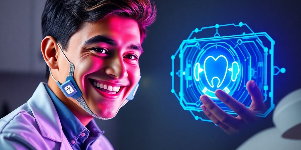 Smiling dentist using AI phone service.
