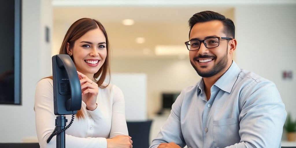 Tax preparer smiling while using AI phone service.