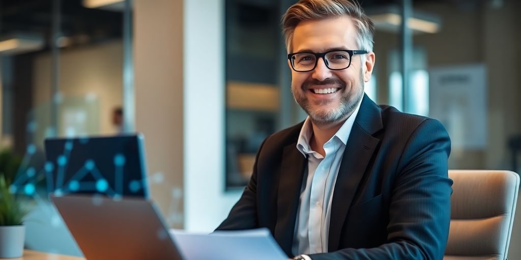 Tax preparer smiling next to a digital interface.
