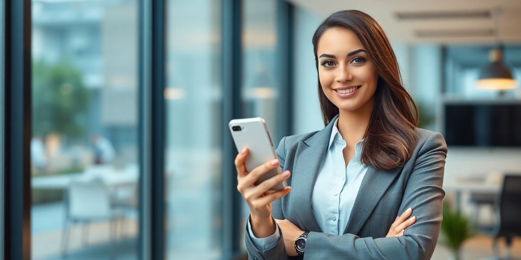 Businesswoman smiling, holding a modern phone.
