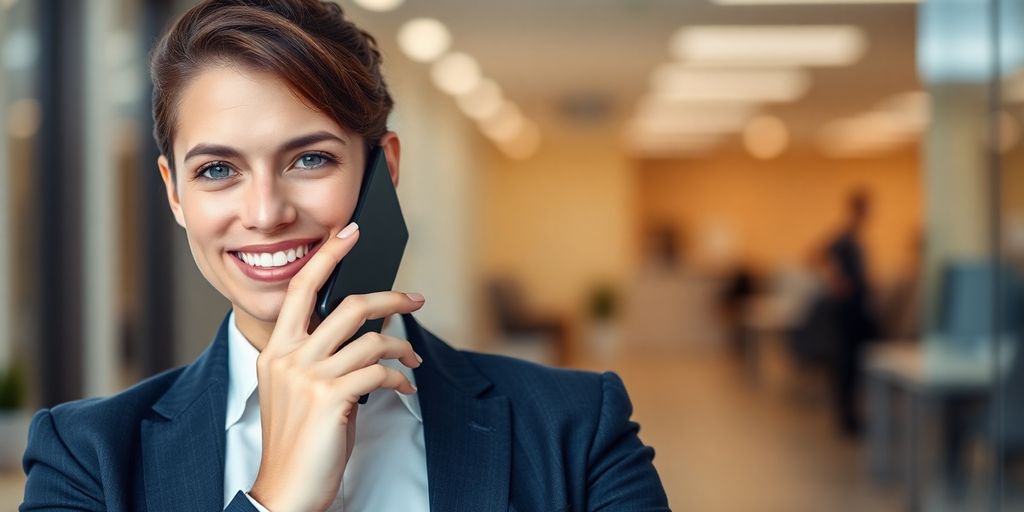 Real estate agent smiling while talking on phone.